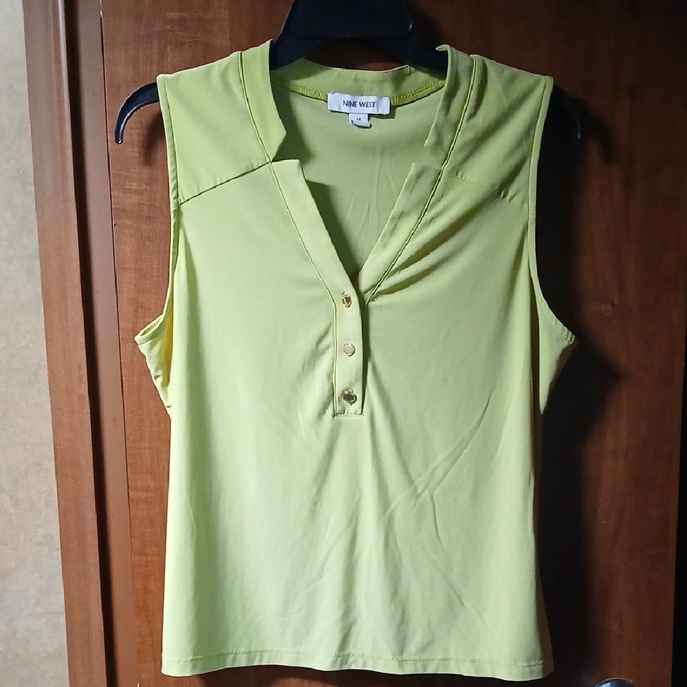 Nine West Green Asymmetrical Sleeveless Polo Tank